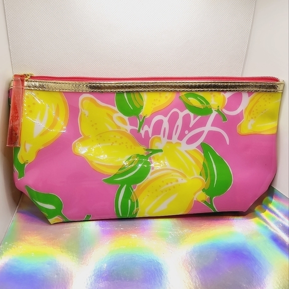 Lilly Pulitzer x Estee Lauder Pink Yellow Lemon Print Cosmetic Bag - Picture 3 of 7
